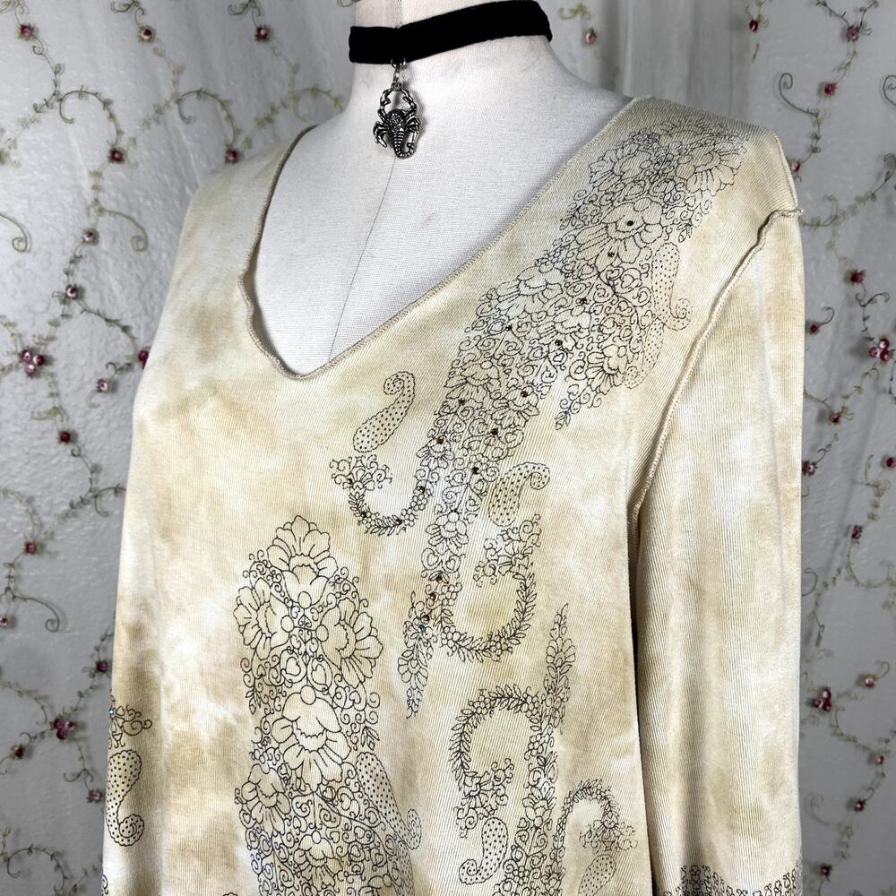 Avenue Vtg Y2K Rhinestone Paisley Lettuce Hem Summery Boho Hippie Sweater Top 2X - Picture 6 of 12